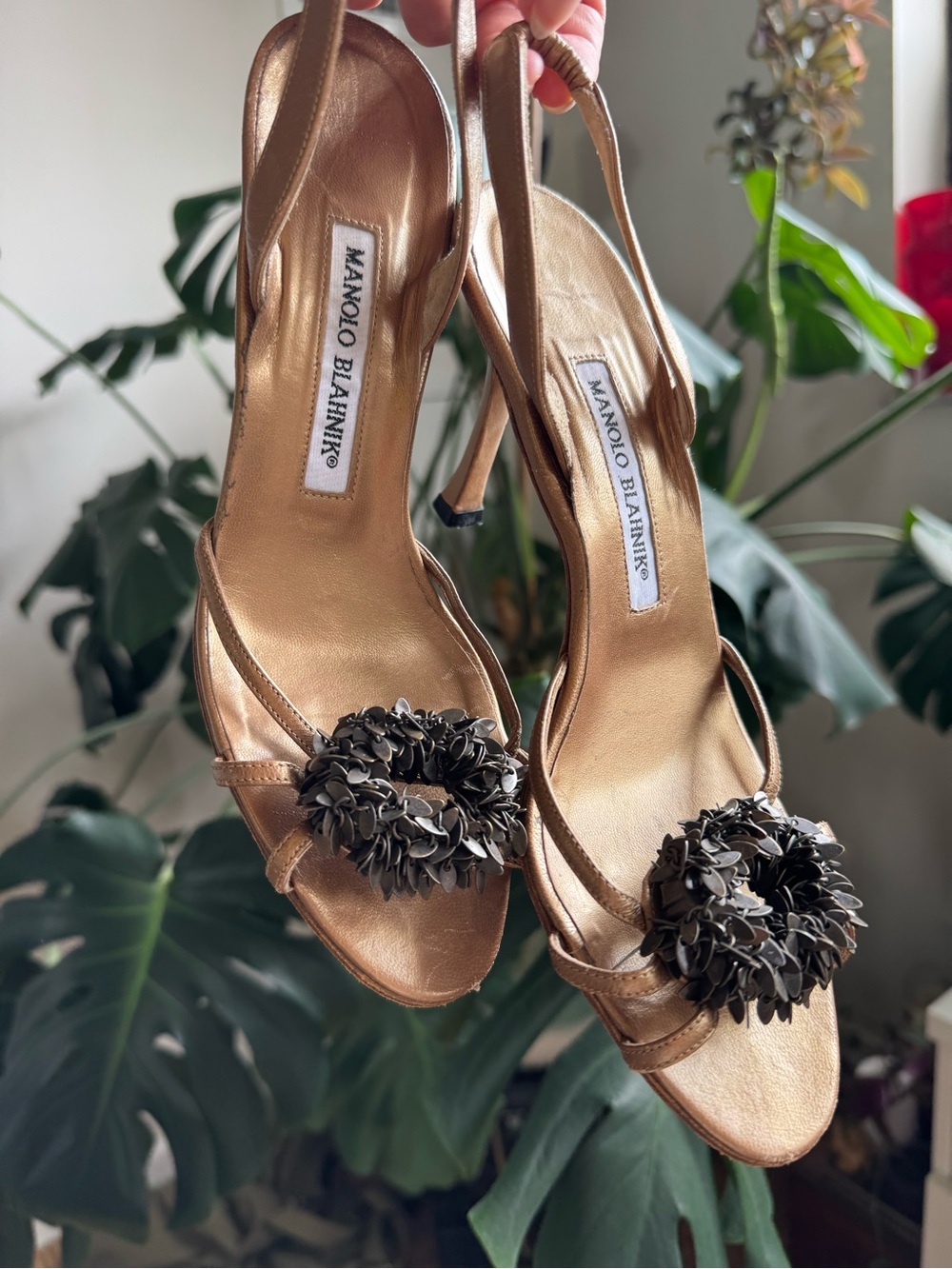 Manolo Blahnik Slingback Heels with Metal Floral Rosettes